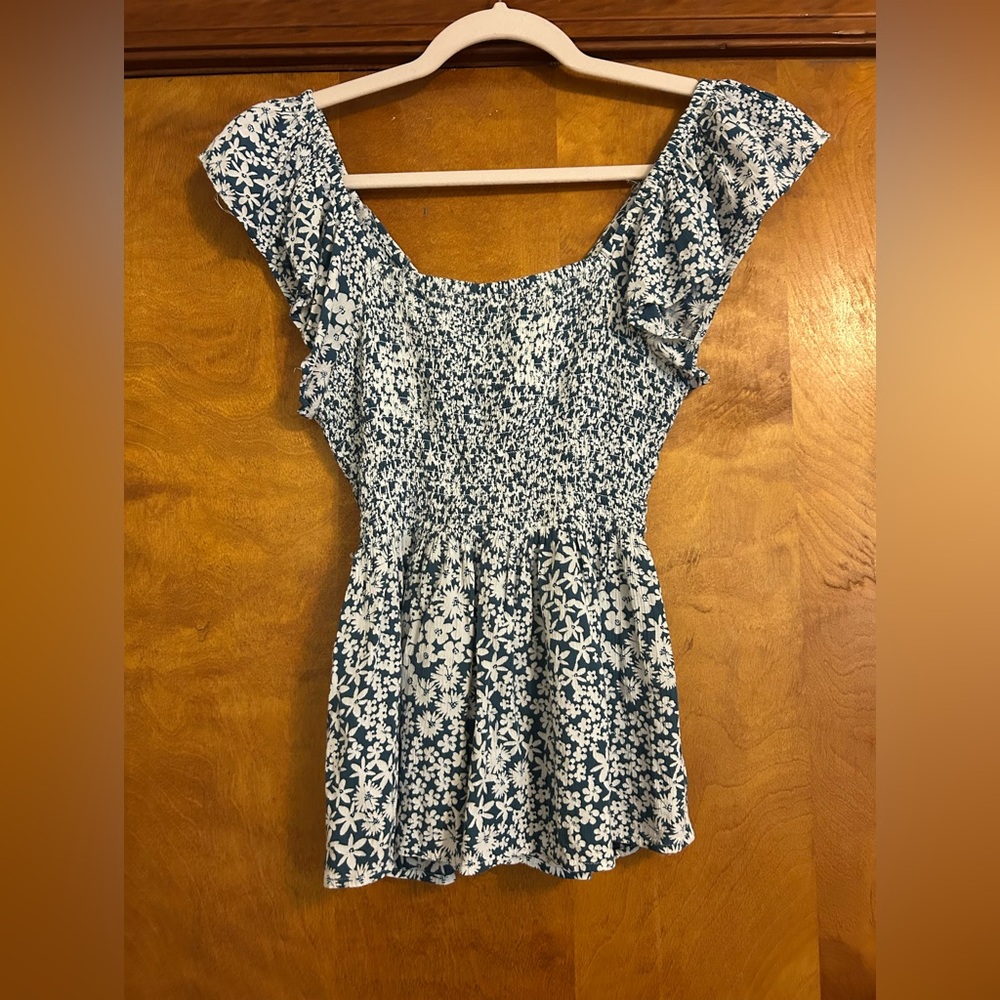 Angie Blue and White Floral Twist-Front Top - Picture 2 of 2